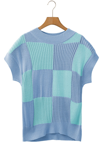 Checkered Color Block Crew Neck Short Sleeve Sweater