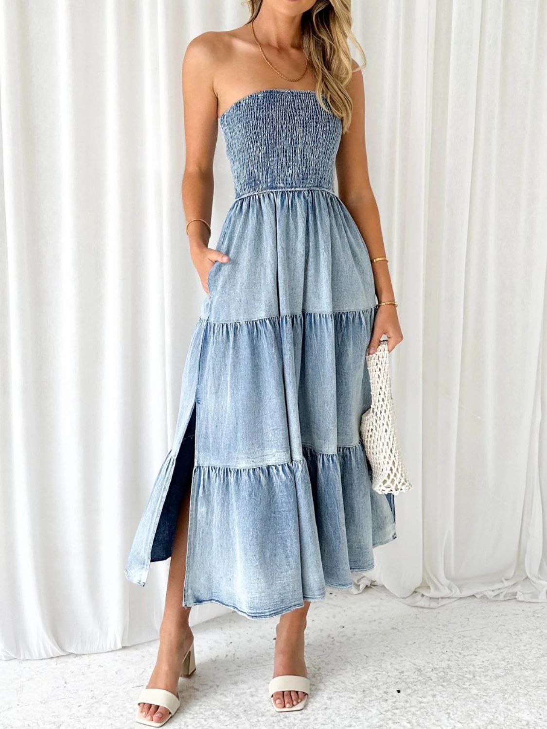 Slit Smocked Tube Tiered Maxi Denim Dress
