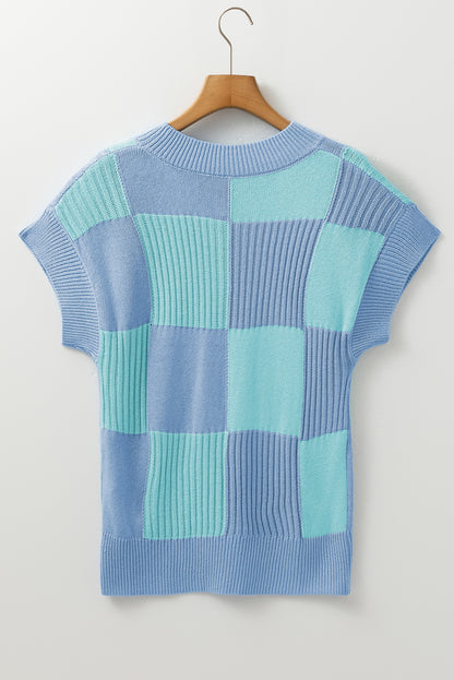 Checkered Color Block Crew Neck Short Sleeve Sweater