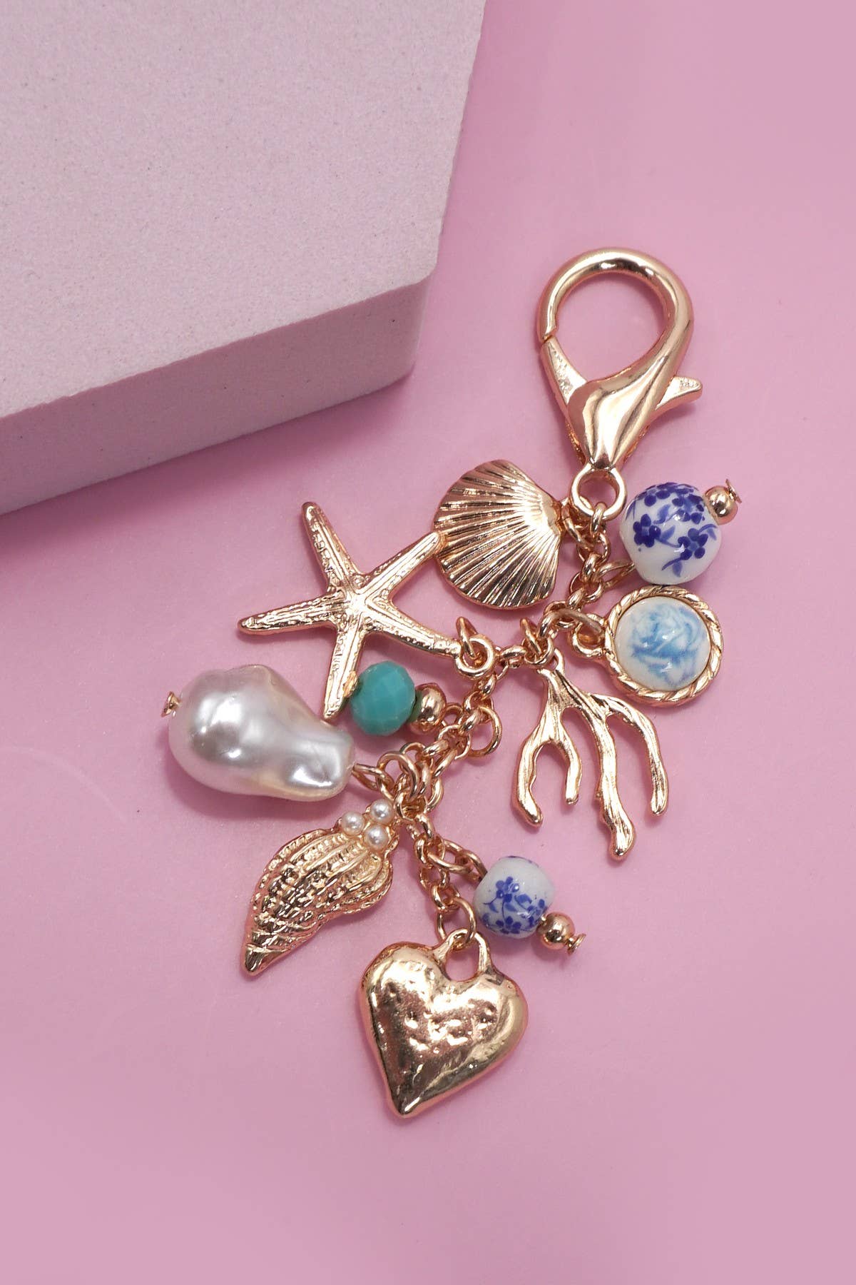 PORCELAIN SEA LIFE PEARL HEART TURQ BEAD BAG CHARM