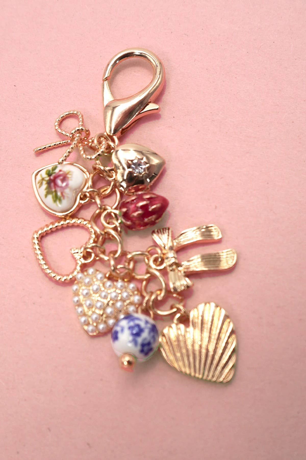 BOWS HEARTS PEARL STRAWBERRY BAG CHARM