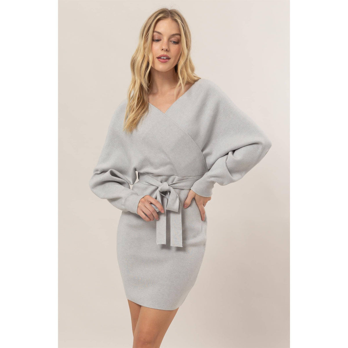 Knit Surplice Belted Mini Dress