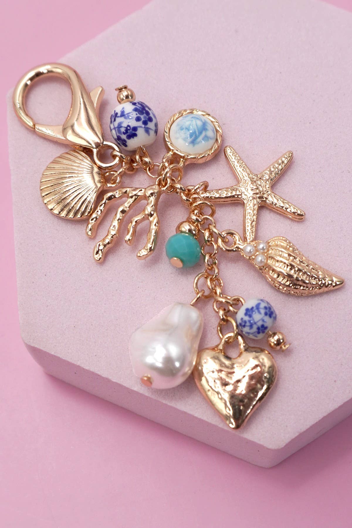 PORCELAIN SEA LIFE PEARL HEART TURQ BEAD BAG CHARM