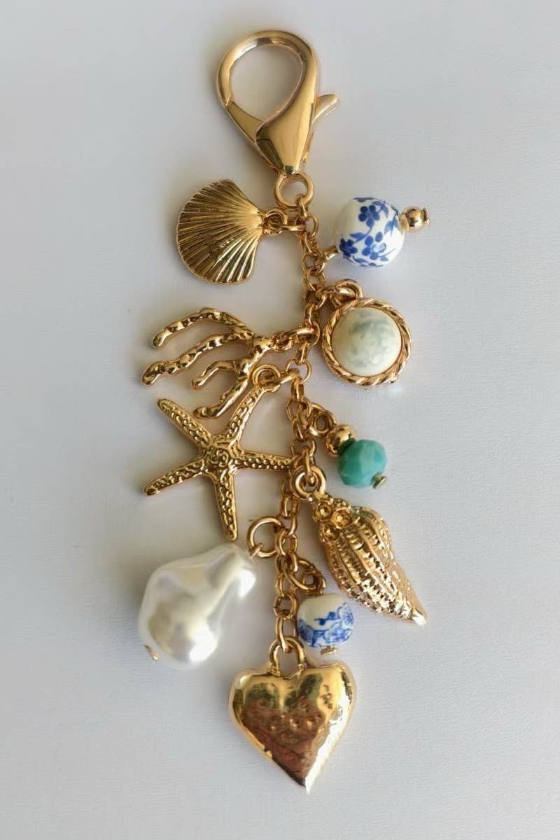 PORCELAIN SEA LIFE PEARL HEART TURQ BEAD BAG CHARM