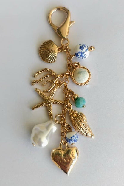 PORCELAIN SEA LIFE PEARL HEART TURQ BEAD BAG CHARM