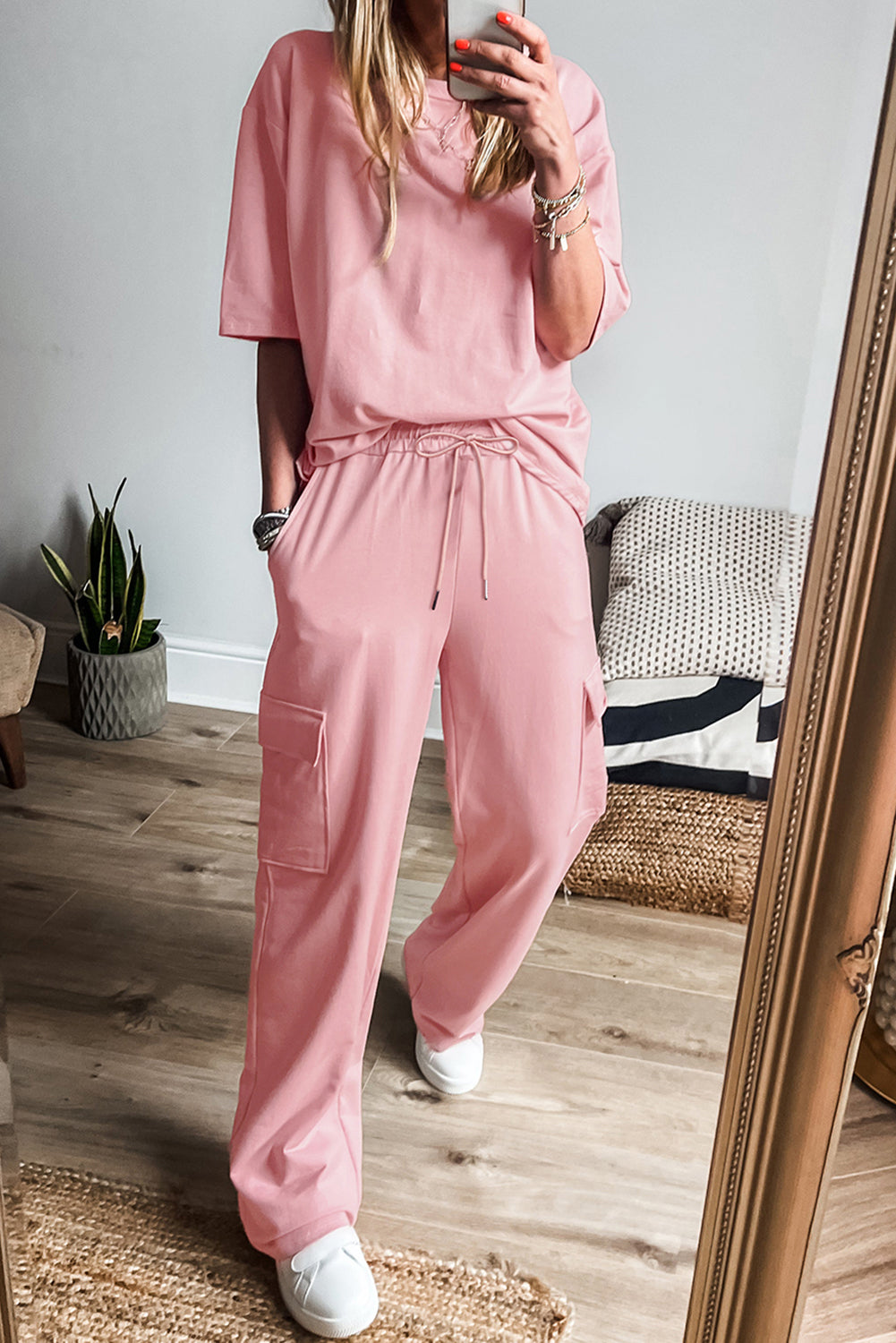 Pink Half Sleeve T-Shirt & Cargo Sweatpants Set