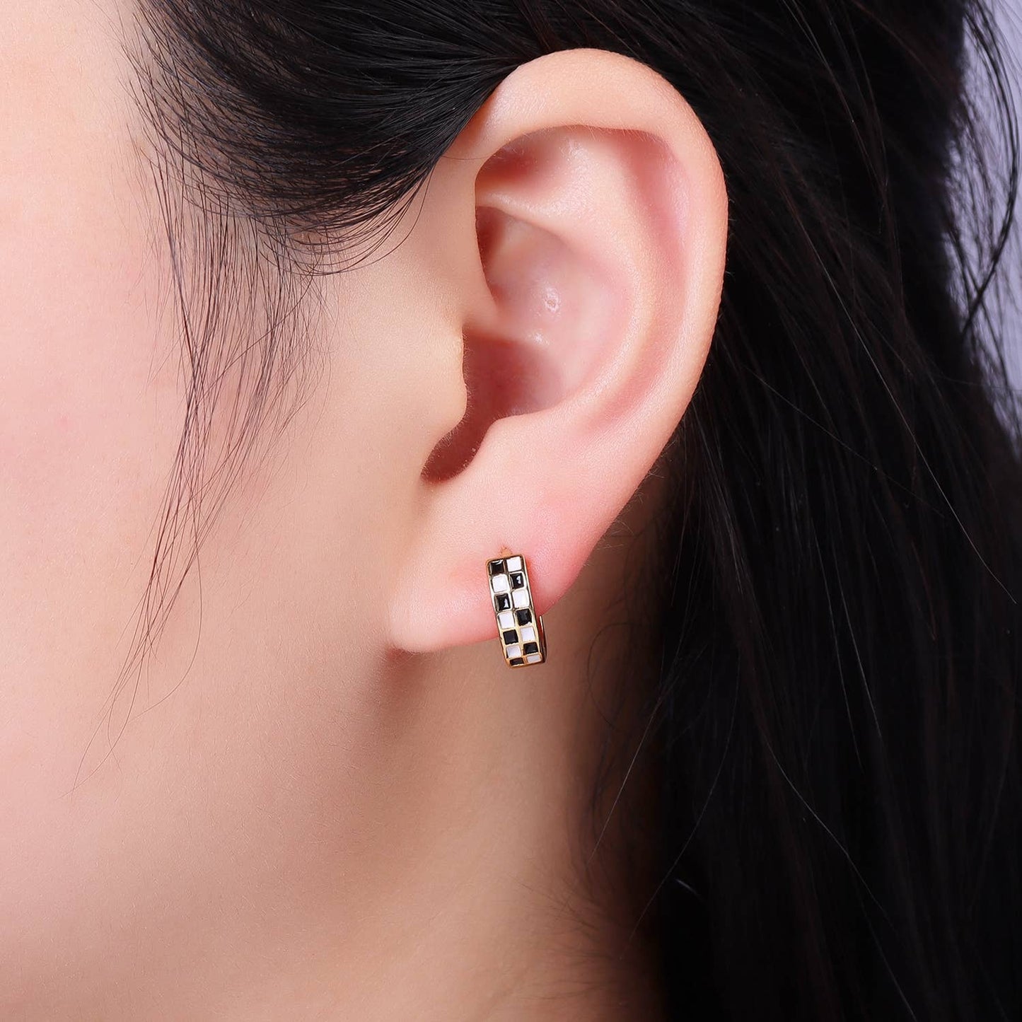 Checkered Enamel Huggie Earring