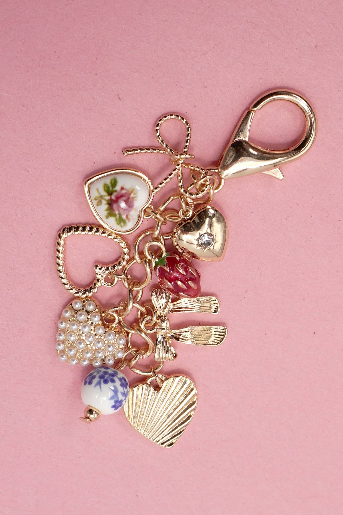 BOWS HEARTS PEARL STRAWBERRY BAG CHARM