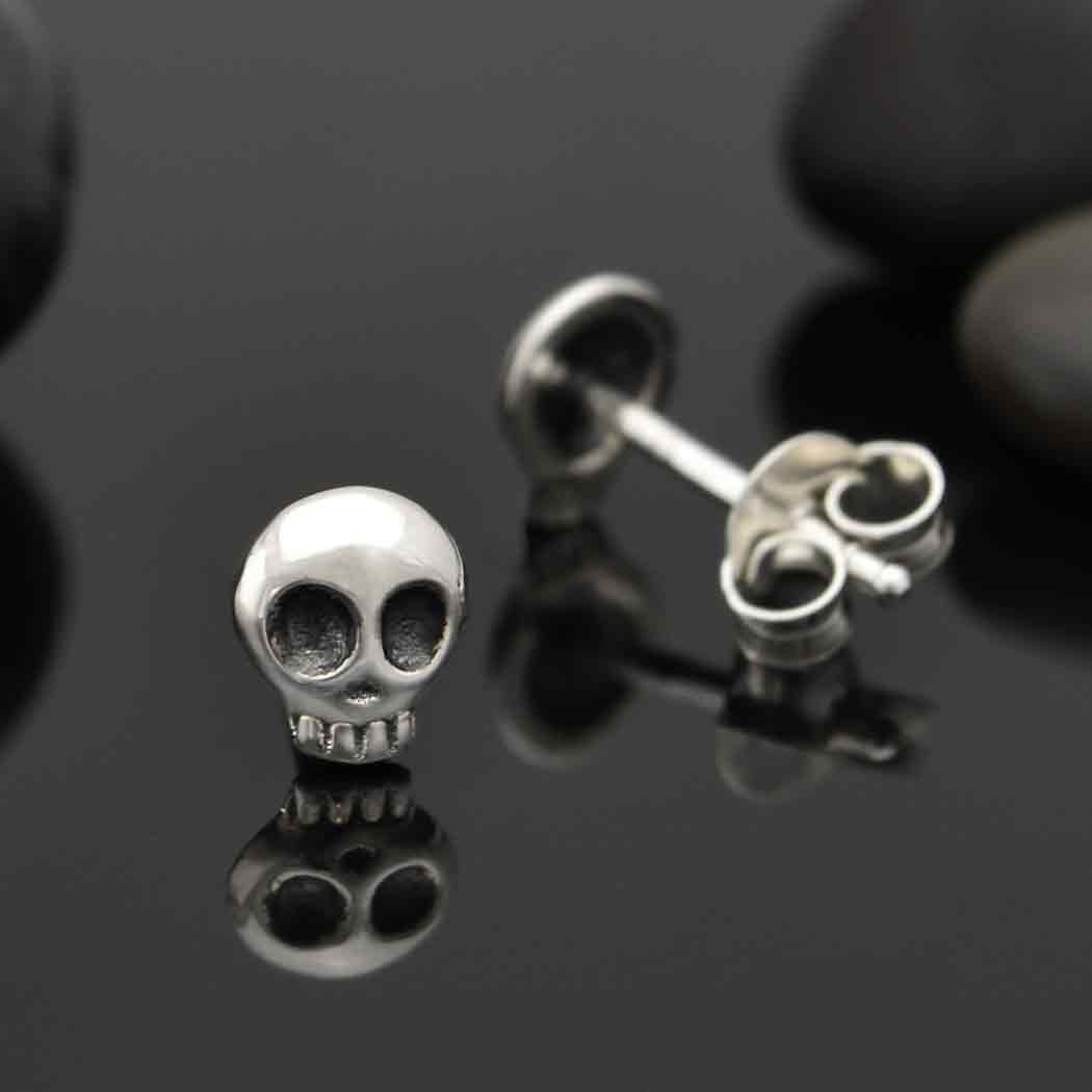 Sterling Silver or Bronze Mini Skull Post Earrings 6x5mm