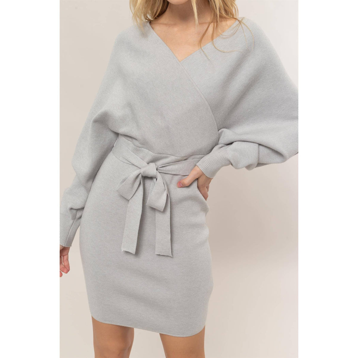 Knit Surplice Belted Mini Dress